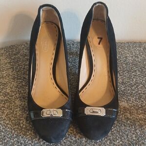Coach Black Suede Heels with Silver Buckle Size 7